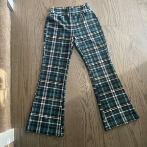 Indero Scuba Pants Womens Large/XL Black Green Plaid Stretch Pull On Bootcut